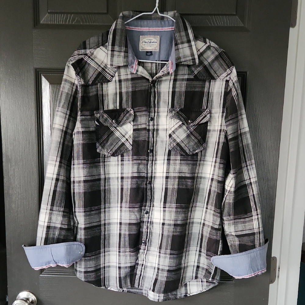 Mens Western Black and White Plaid Button-Up Shirt